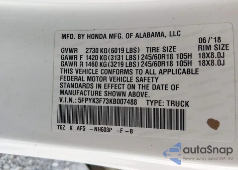 2019 Honda Ridgeline Rtl-E из США, поврежденный, VIN 5FPYK3F73KB007488